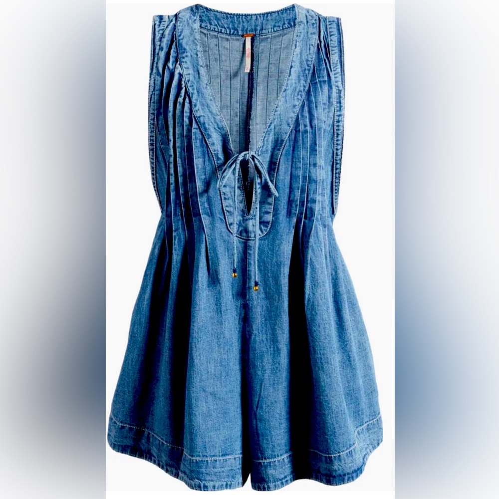 New Blue Denim Sleeveless Pleated Shorts Romper FP Webster